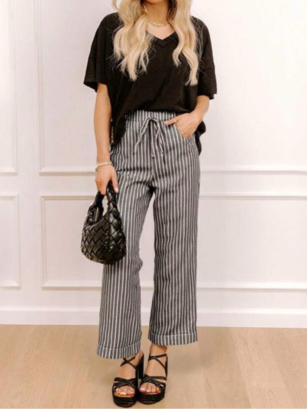 SHEIN Black & White Vertical-Stripe Drawstring Wide-Leg Pants
